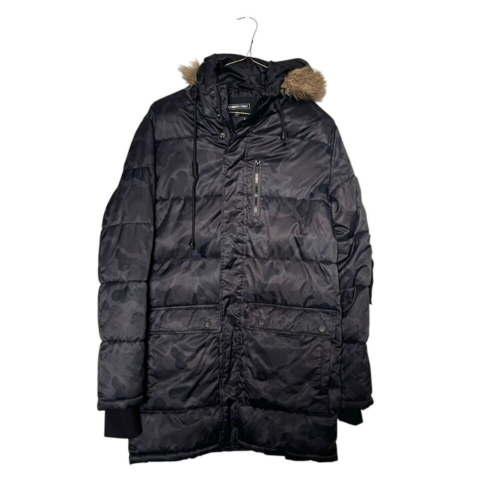 Members Only Mens Camouflage Slim Snorkel Quilted Puffer Coat Jacket Black Small